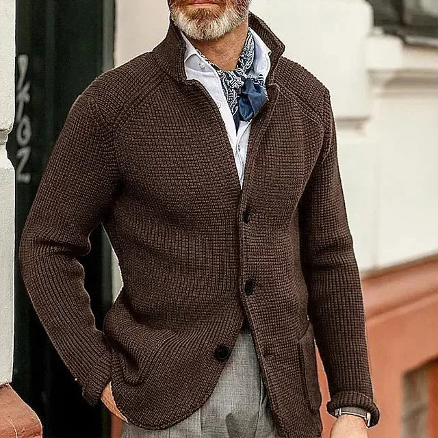 Men's Solid Casual Knitwear Sweater Thick Warm Stand Collar Cardigan Tops Elegant Knitted Coats Autumn Winter Male Sweaters