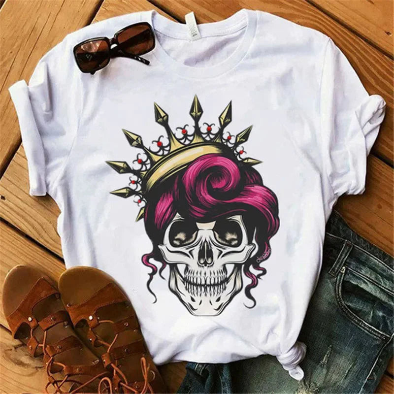 Fashion Leopard Skull Printed Women T-shirt Summer Loose Black Female T-shirt Casual Round Neck Harajuku Tops Woman Clothes