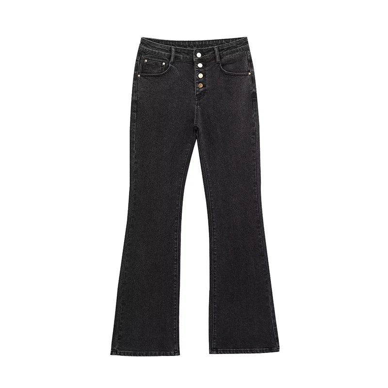 XPQBB Women's Jeans Basic All-Match Slimming Denim Pants Fashion Metal Button High Waist Flared Pant High End Sense Casual Trousers