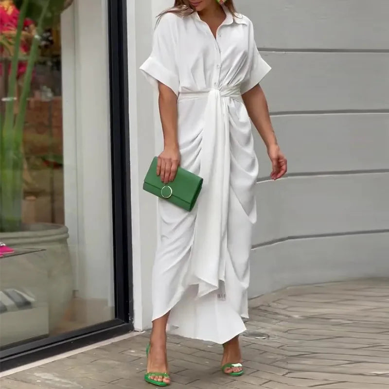 Elegant Dresses For Lady Vestidos 2026 Woman Dress Vestido Commuting Temperament Printed Irregular Leace-up Lapel Slim Contrast