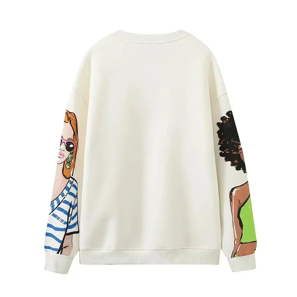 Women Sweatshirts 2023 New Fashion cotton Plush Girls Print Casual Sweatshirts Female O Neck Hoodies Chic Pullovers Tops