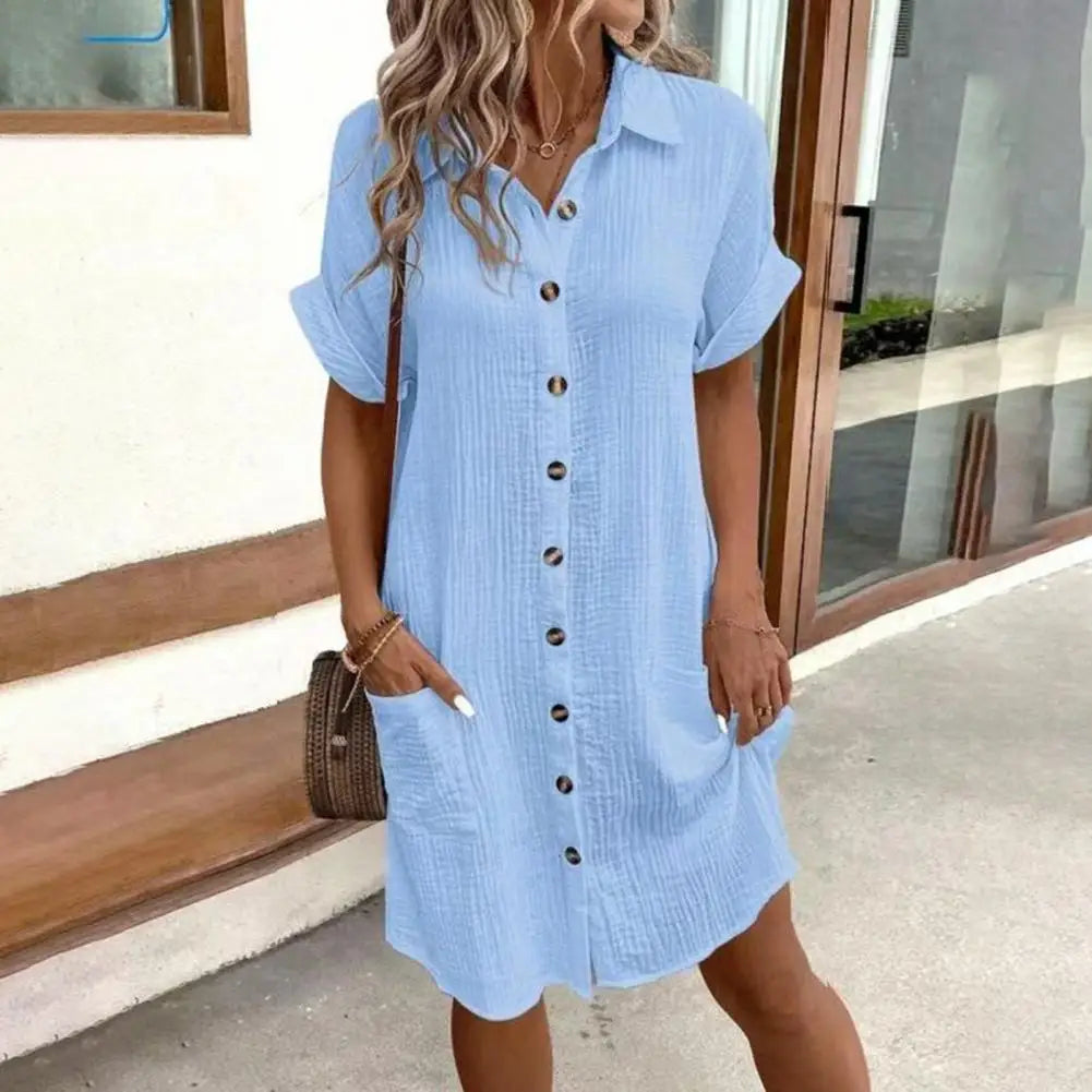 2026 Cotton Linen Dress Casual Button Down V-neck Dress Summer Short Sleeve Beach Sundress Elegant Maxi Dress