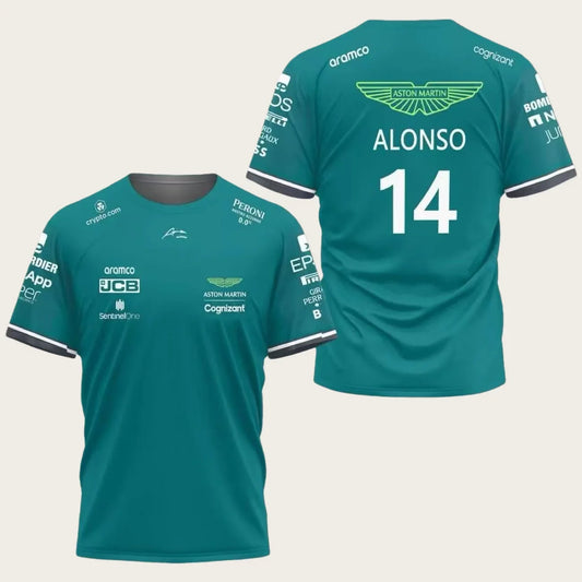 Aston Martin Team Alonso No. 14 Quick-Drying Short-Sleeve Racing T-Shirt Men's Comfortable Breathable Race Fan Clothing