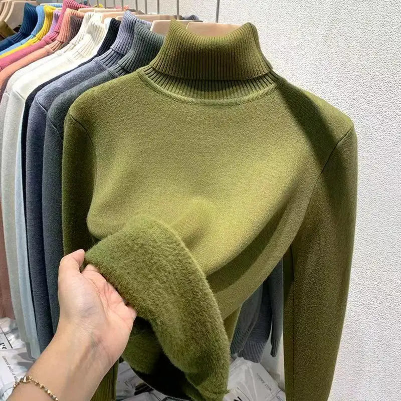 Women's Clothing Sweaters High Collar Knitted Top 2023 Autumn Winter plush thickened lining black long sleeved bottom Pullovers