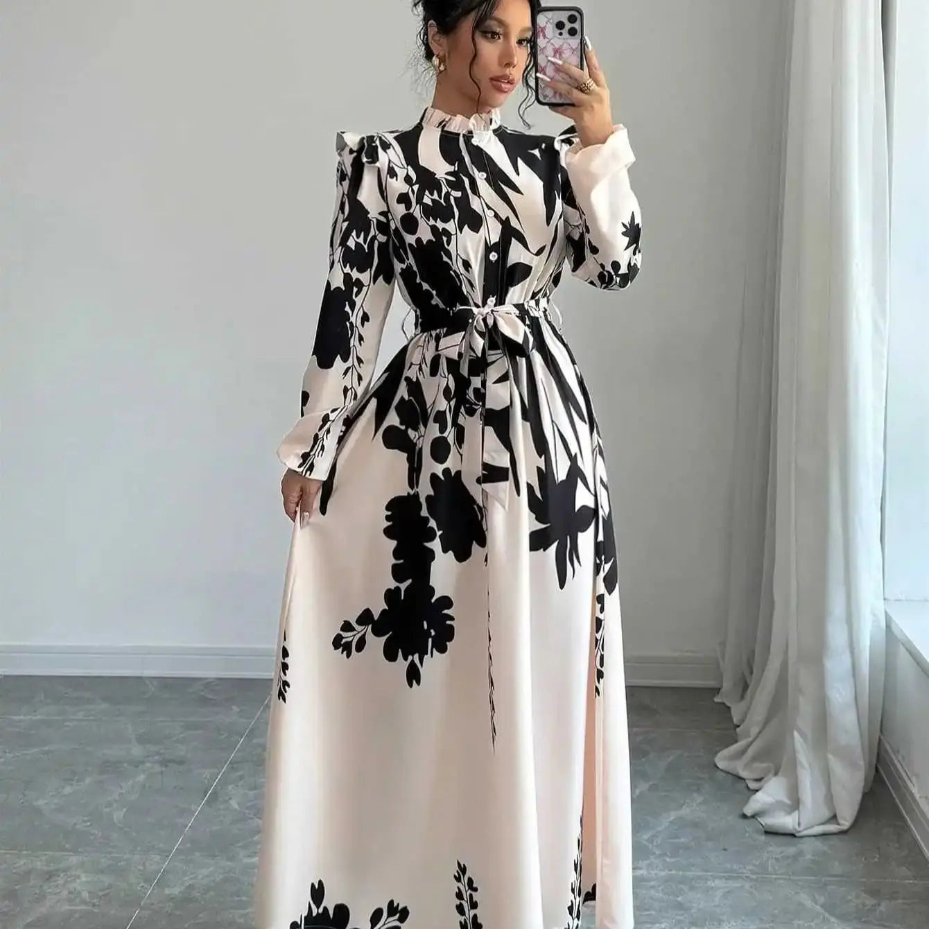 Dresses For Women Black And White Flowers Print Long Sleeve Ruffled Collar Elegant Dress Lace Up A-Line Dress 2026 Spring New