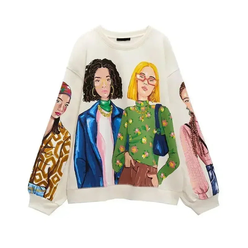 Women Sweatshirts 2023 New Fashion cotton Plush Girls Print Casual Sweatshirts Female O Neck Hoodies Chic Pullovers Tops