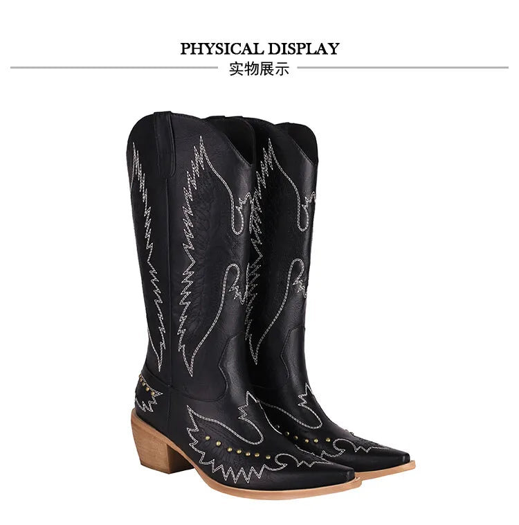 NASBAVI Red Embroidered Pointed Toe Western Knee High Wide Calf Cowgirl Boots