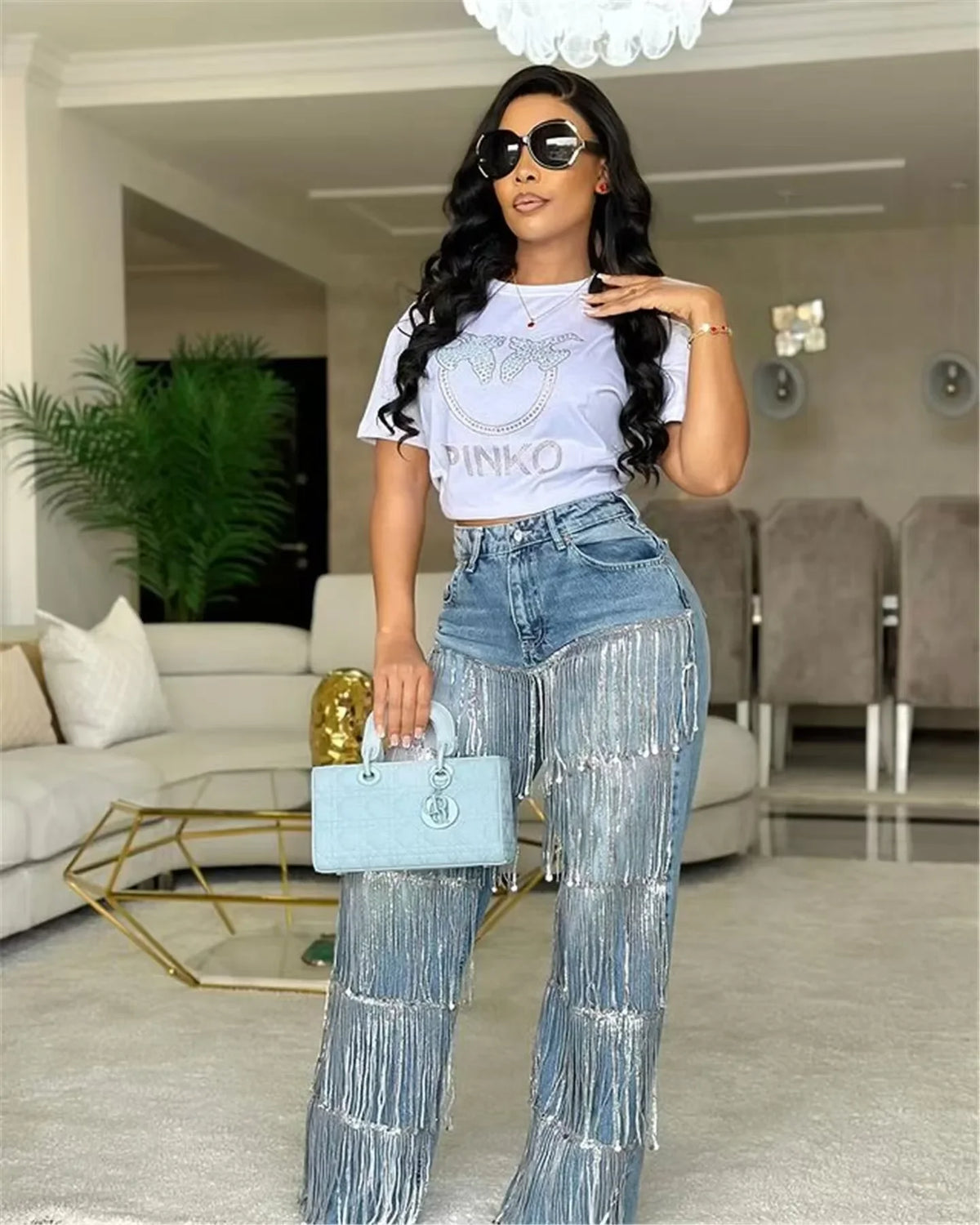 Qmansha Women's Jeans Casual Fashion Street Sequins Fringe Design Straight Jeans High Waisted Blue Jeans for Women Pants