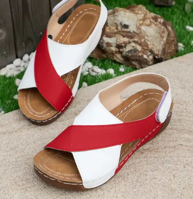 Color Block Cross-Strap Wedge Sandals