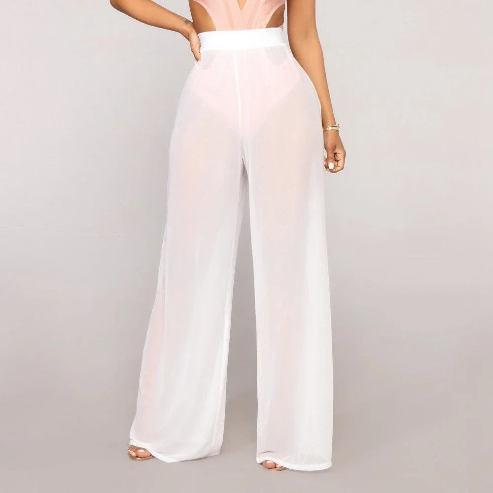See Through Boho Wide Leg High Waist Trousers Beach Long Loose Mesh Sheer Pants