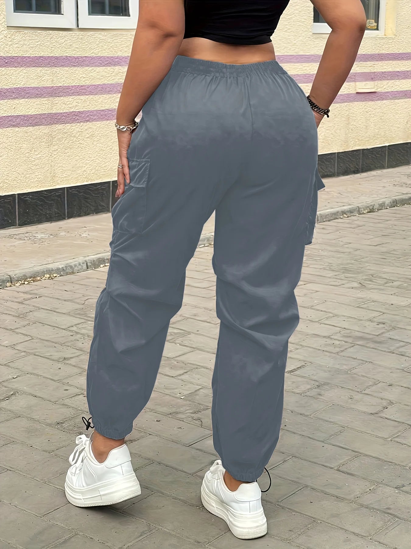 Women's Cargo Pants High Waist Elastic Waistband Drawstring Side Pocket Jogger Baggy Loose Fit Casual Sport Trousers for Summer