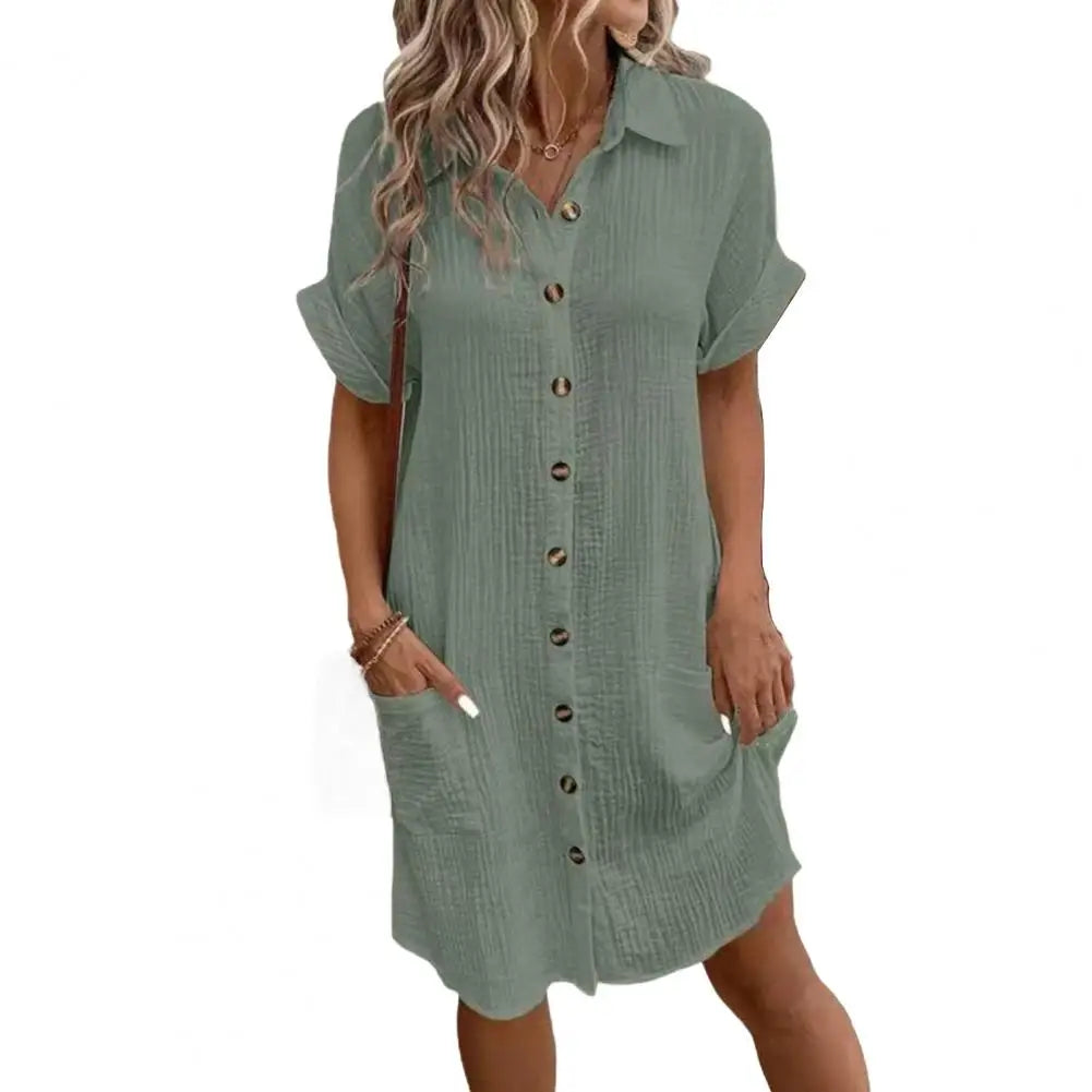 2026 Cotton Linen Dress Casual Button Down V-neck Dress Summer Short Sleeve Beach Sundress Elegant Maxi Dress