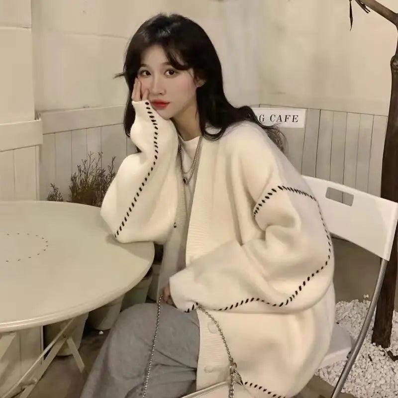 Sweater for Women in Autumn Winter V-neck Sweater Warm Loose Versatile College Style Chic Cardigan Early Jacket Trendy