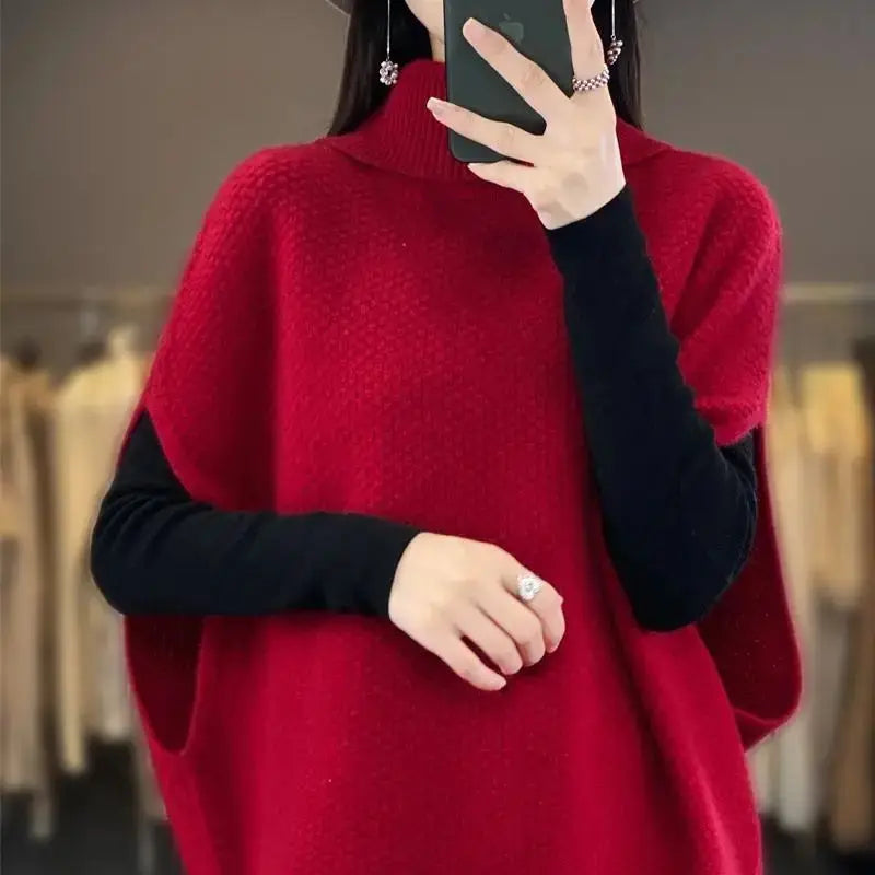 Women Batwing Sleeve Sweaters Knitting Vest Casual High Collar Elegant Solid Sweaters Loose-fit Sleeveless Waistcoat Pullover