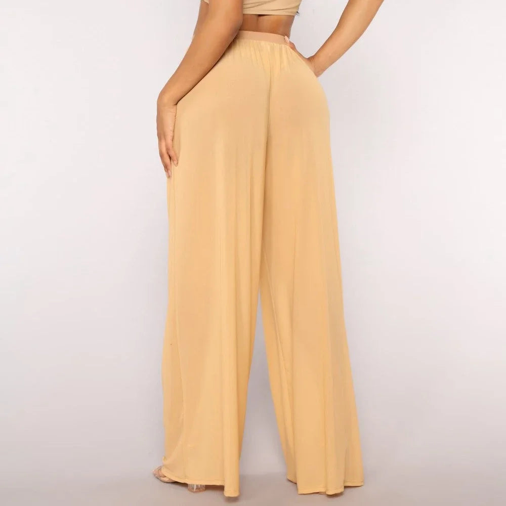 See Through Boho Wide Leg High Waist Trousers Beach Long Loose Mesh Sheer Pants