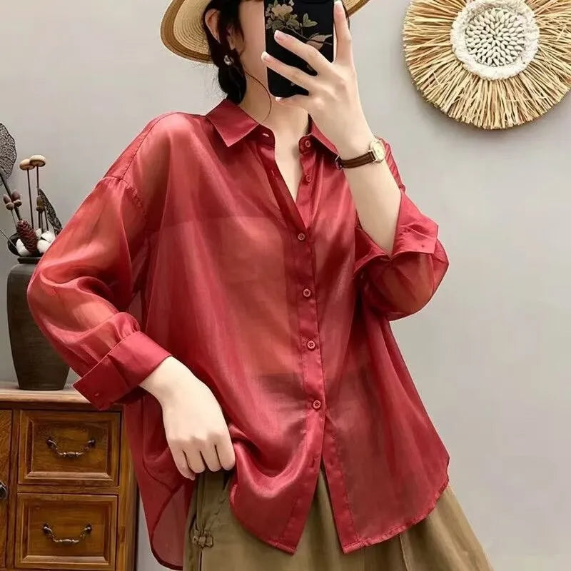 Womens Shirts Long sleeve Loose Thin Blouse 10 colors