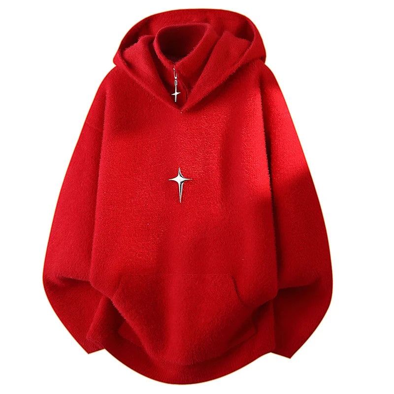 Fashion Men's Hooded Sweaters Autumn Winter Thicken Knitwear Hooded Tops Clothing Youth High Street Loose Solid Warm Pullovers