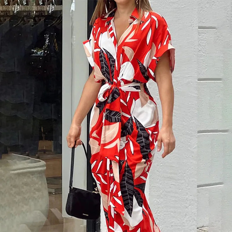 Elegant Dresses For Lady Vestidos 2026 Woman Dress Vestido Commuting Temperament Printed Irregular Leace-up Lapel Slim Contrast