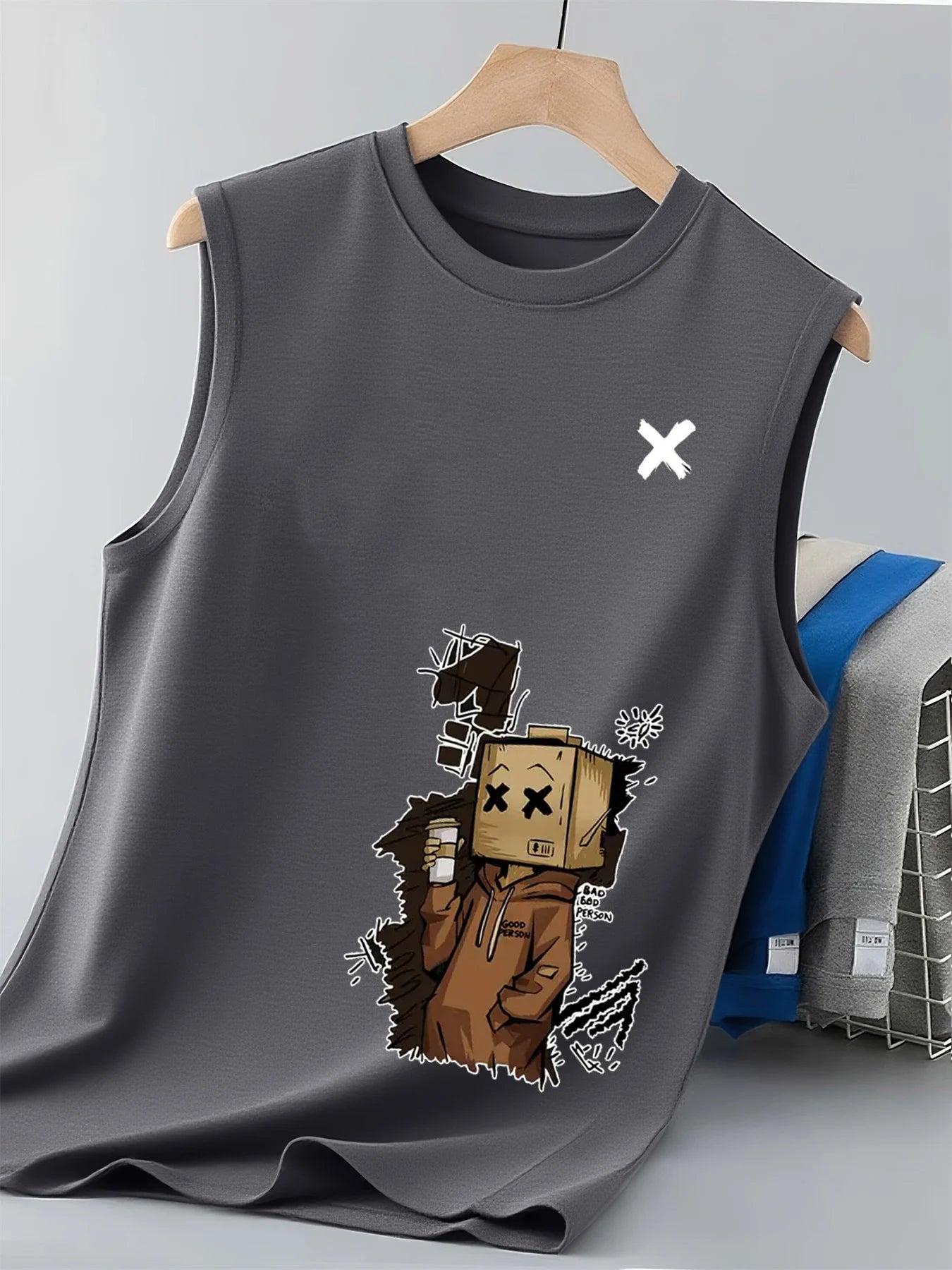 100% pure cotton men's summer fashion casual sports loose trend doll graffiti print breathable round neck sleeveless vest