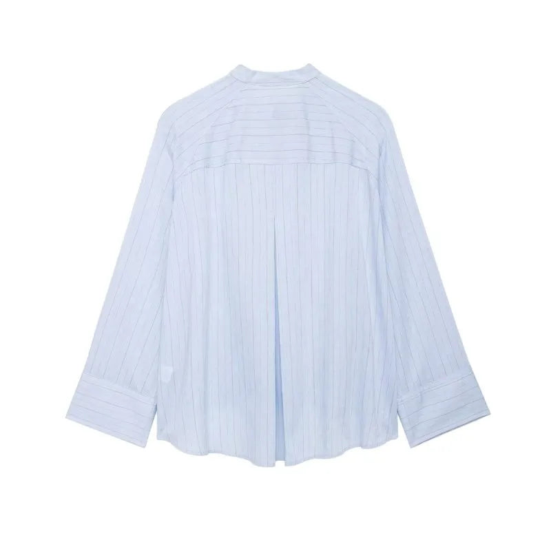 Women's Striped Shirt with Pocket New Spring Long Cuffed Sleeve O Neck Simple Women Shirt & Blouses Asymmetric Hem Female Tops