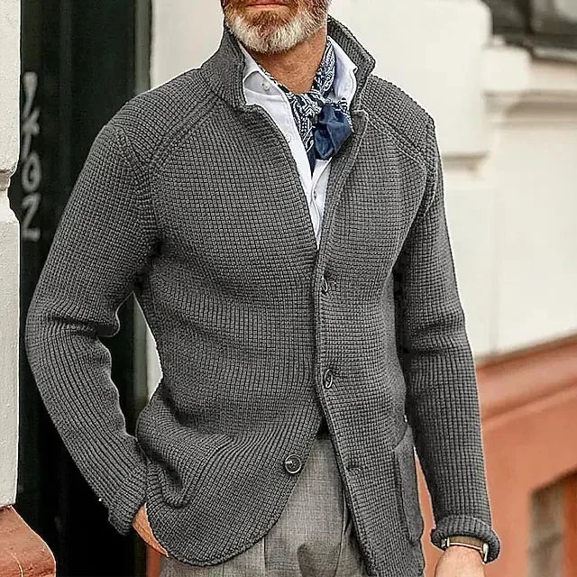 Men's Solid Casual Knitwear Sweater Thick Warm Stand Collar Cardigan Tops Elegant Knitted Coats Autumn Winter Male Sweaters
