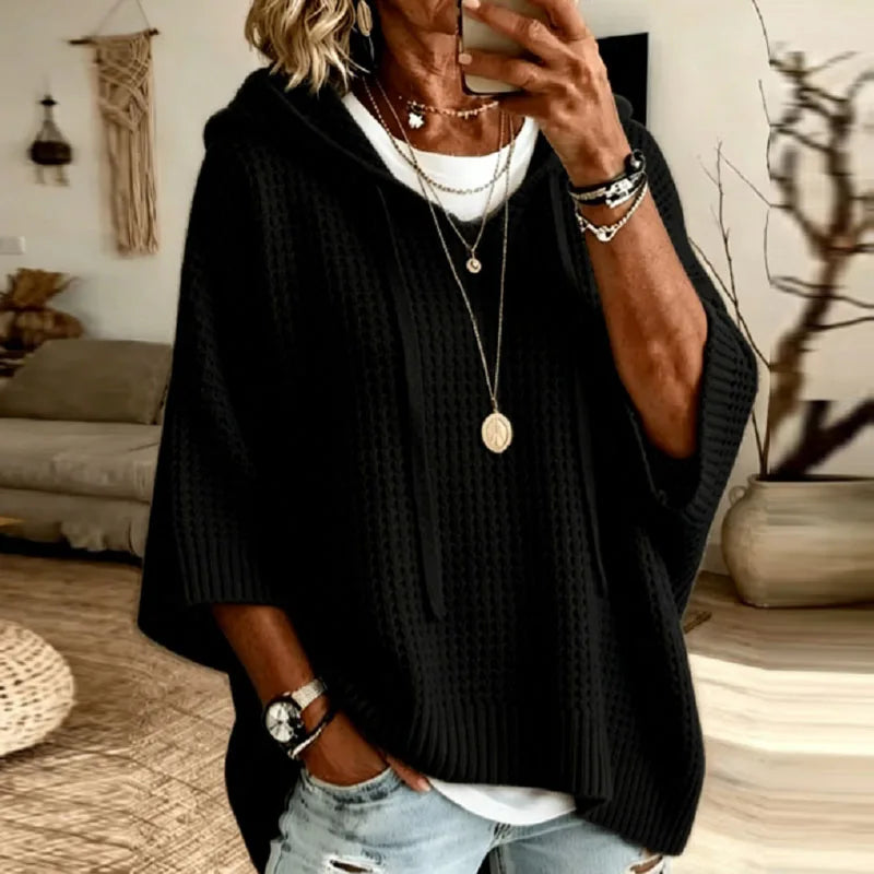 Women Knit Hooded Sweaters Drawstring Hood V Neck 3/4 Sleeve Loose Pullovers Solid Soft New Casual Autumn Winter Streetwear Tops