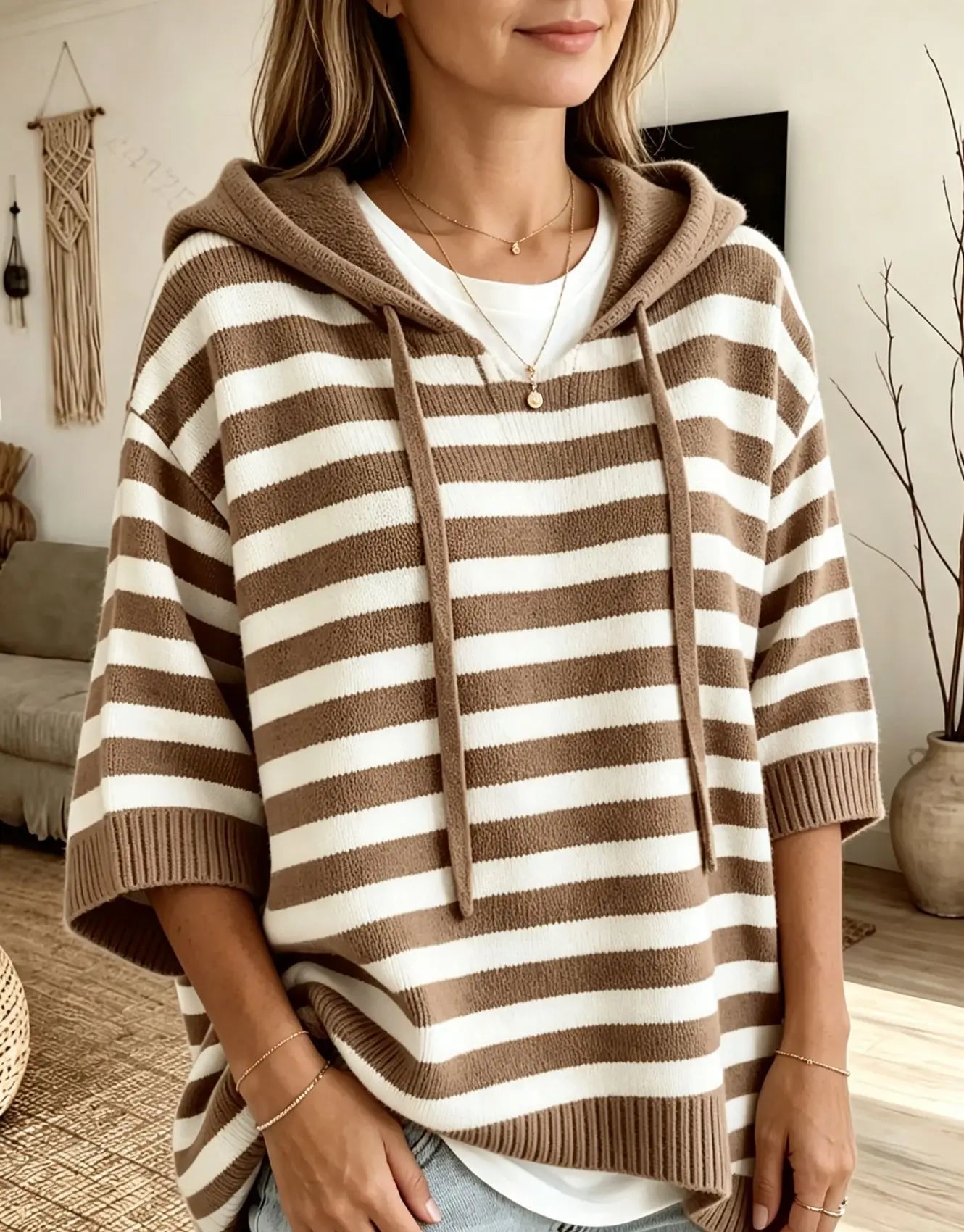 Women's Sweater New Hooded Drawstring Knitted Sweater Loose Long Sleeve Striped Jumper Women