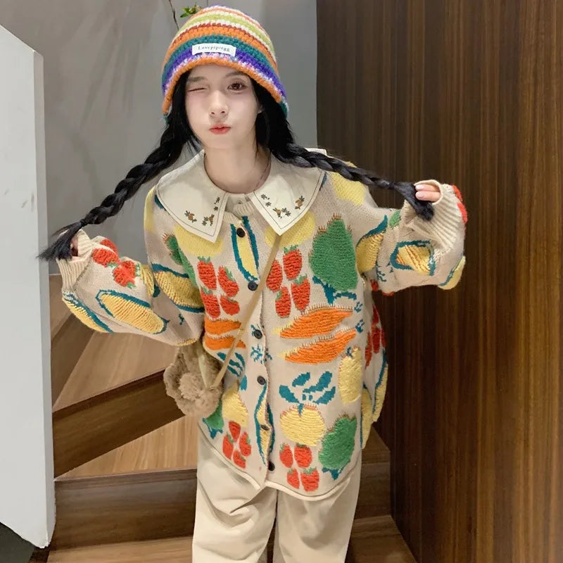 Women Sweaters Cardigan Print Floral Coats Full Sleeve Knitted Loose Jumpers Coat Top Regular Splice Single Breasted Outerwear