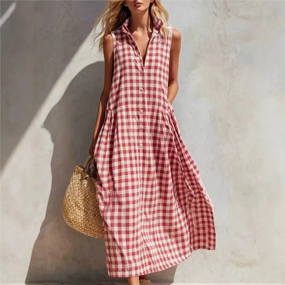 Plaid Sleeveless Vichy Single-breasted Fashion Resort Style Seaside Loose Long Skirt Dresses Ropa Mujer Roupas Feminina