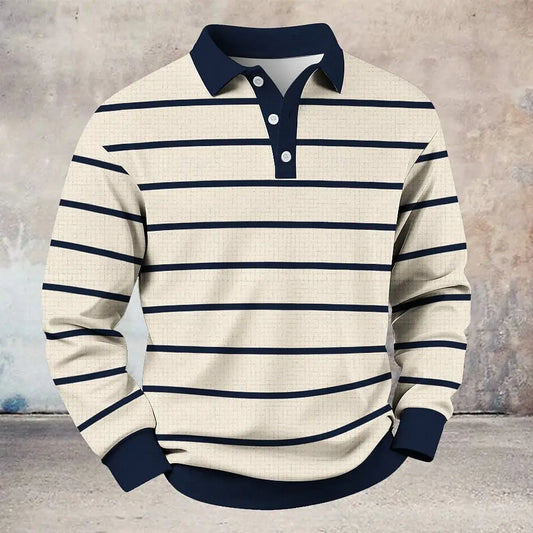 Tailored Turn-Down Collar Shirt – Men's Long Sleeve Button Up with Thin Stripe Accents for Work Meetings & Versatile Wear