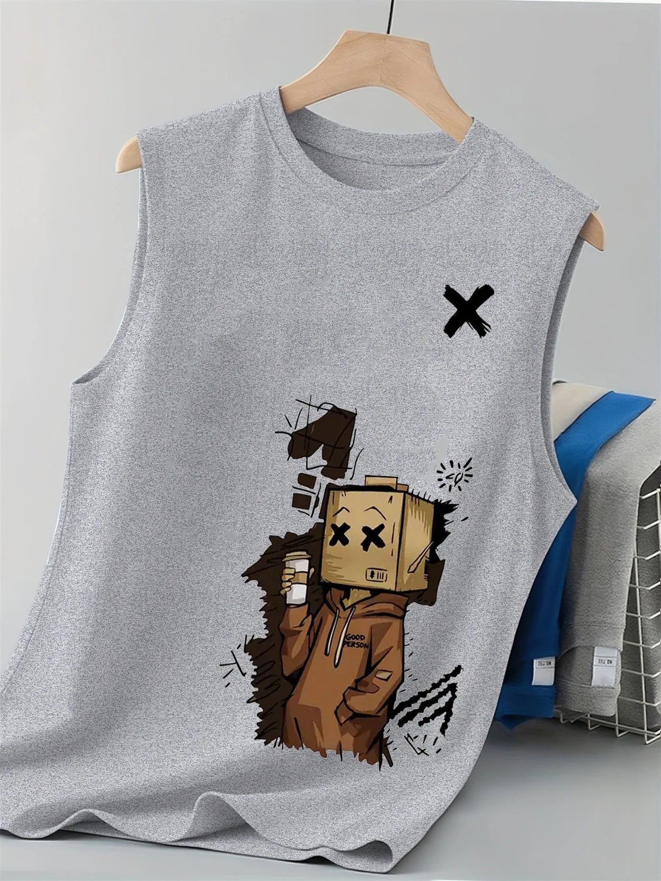 100% pure cotton men's summer fashion casual sports loose trend doll graffiti print breathable round neck sleeveless vest