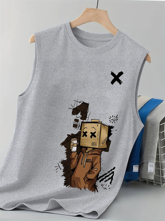 100% pure cotton men's summer fashion casual sports loose trend doll graffiti print breathable round neck sleeveless vest