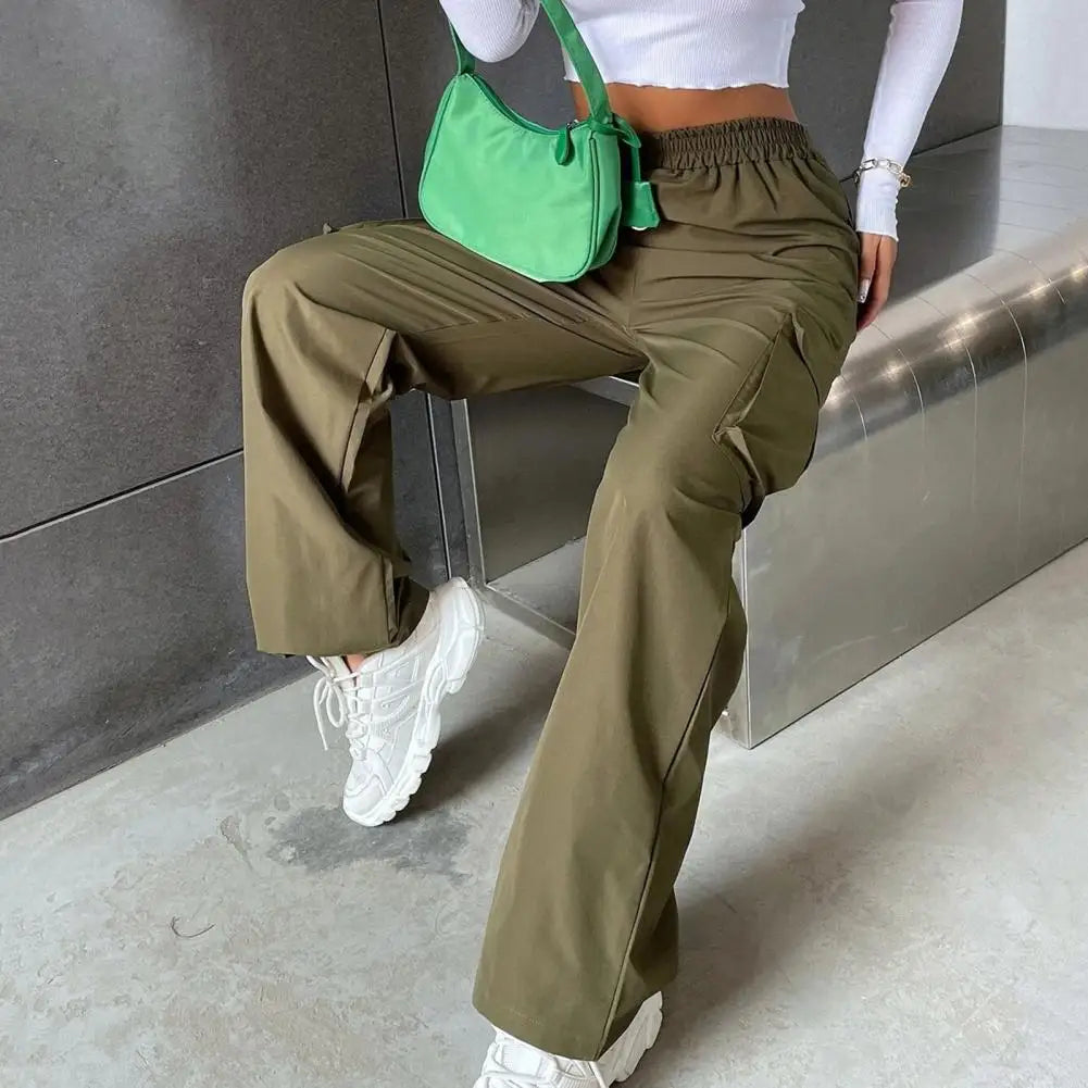 SANWOOD Women Cargo Pants Stylish Women's Cargo Pants Trendy Wide Leg Trousers with Elastic Waist Pockets Casual Korean for Spring