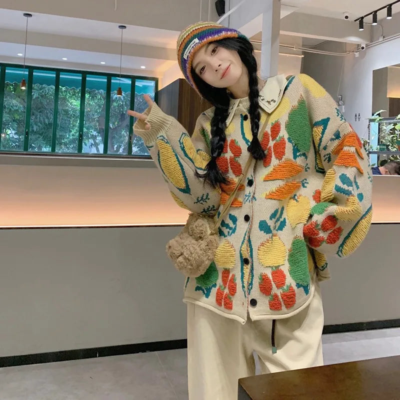 Women Sweaters Cardigan Print Floral Coats Full Sleeve Knitted Loose Jumpers Coat Top Regular Splice Single Breasted Outerwear