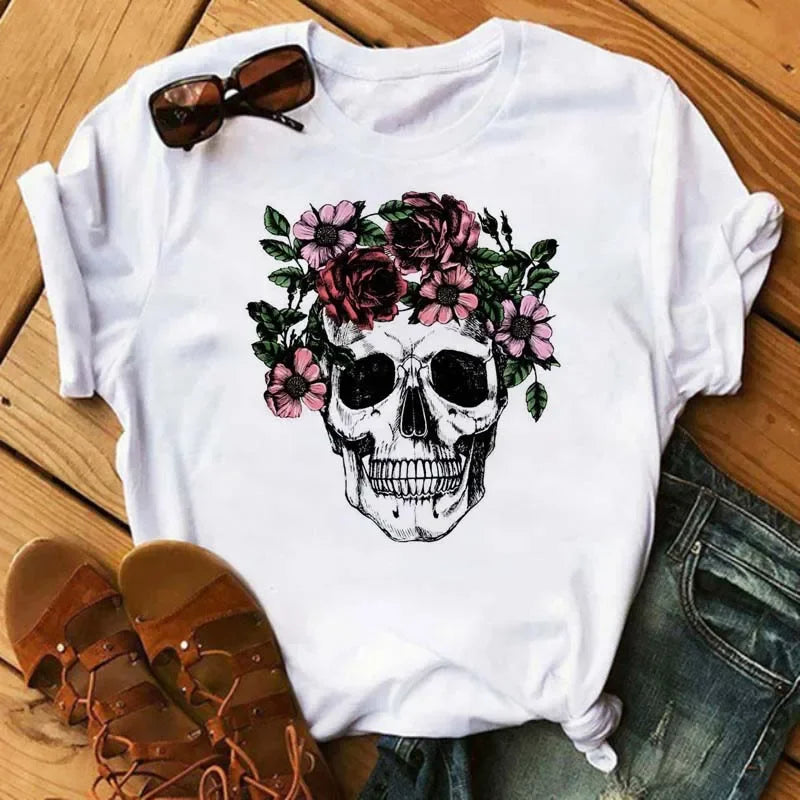 Fashion Leopard Skull Printed Women T-shirt Summer Loose Black Female T-shirt Casual Round Neck Harajuku Tops Woman Clothes