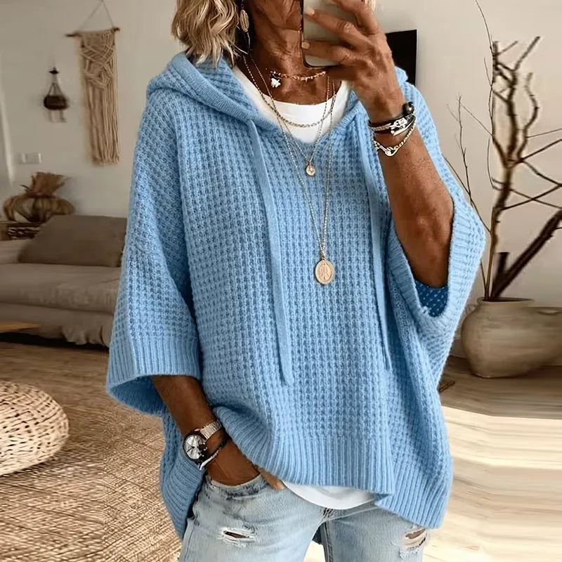 Women Knit Hooded Sweaters Drawstring Hood V Neck 3/4 Sleeve Loose Pullovers Solid Soft New Casual Autumn Winter Streetwear Tops