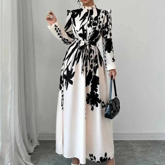 Dresses For Women Black And White Flowers Print Long Sleeve Ruffled Collar Elegant Dress Lace Up A-Line Dress 2026 Spring New