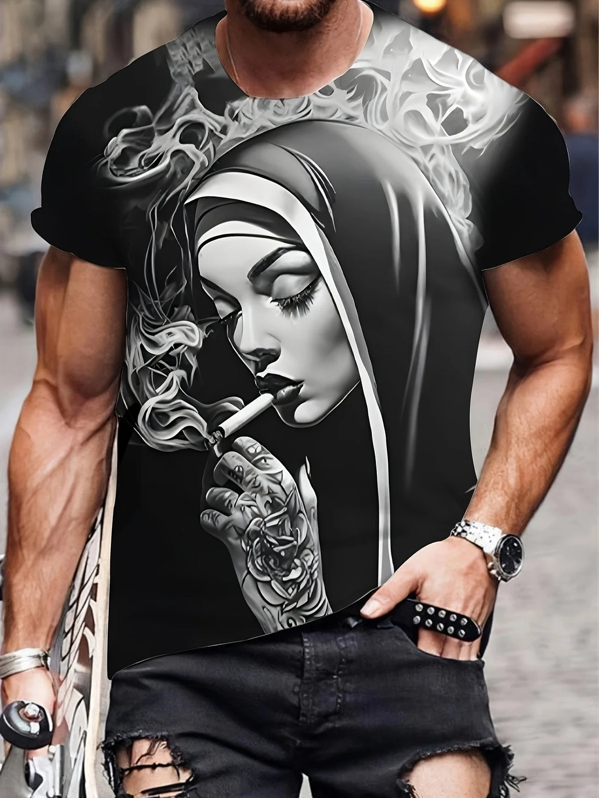 Men's  with Smoking Nun 3D Graphic T-Shirt Black Casual Summer Tee Short Sleeves Polyester  Streetwear T-Shirts Vintage Clothing