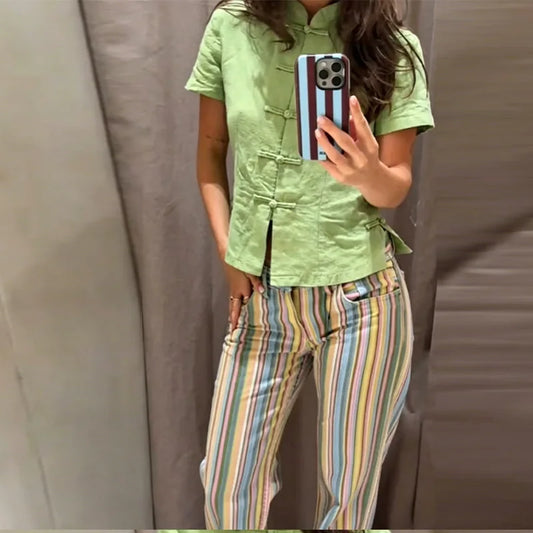 Colorful Striped Jeans for Women Low Waist Straight Leg Trousers High Street Casual Long Denim Pant 2026 NEW Daily Lady Jeans