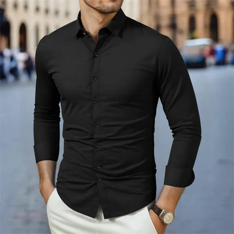 New Men's Business Casual Long Sleeved Solid Color Shirt Wrinkle Resistant Wrinkle Free Comfortable All Season Versatile Top