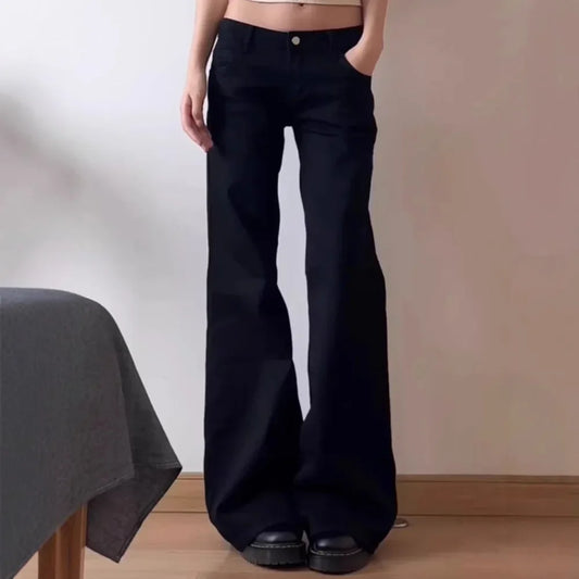 Plus Size American Style Spicy Girl Black Low Waist Wide Leg Micro Flared Jeans Women's Early Autumn Loose Fit Versatile Straigh