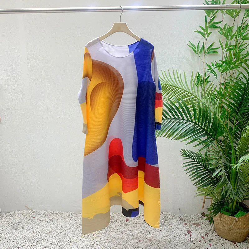 Miyake Pleated Print Dress 2024 New Early Spring Fashion Elegant A-line Swing Dress Elegant Women's Clothing High-quality