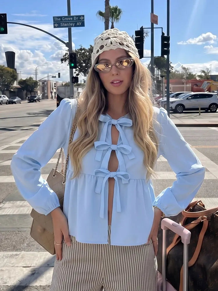 HH Shirts For Women Elegant Front Bow Tie Solid Blouse Puff Sleeve Spring Summer Casual Beach Vacation Streetwear Party Top
