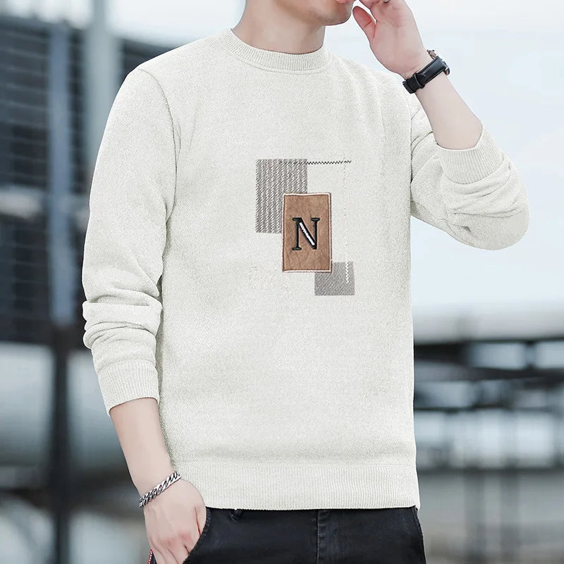 Men's Sweater Patckwork Round Neck Pullovers Fleece Lined Thick Warm Winter Knitwear Fashion Jumpers Men's Clothes