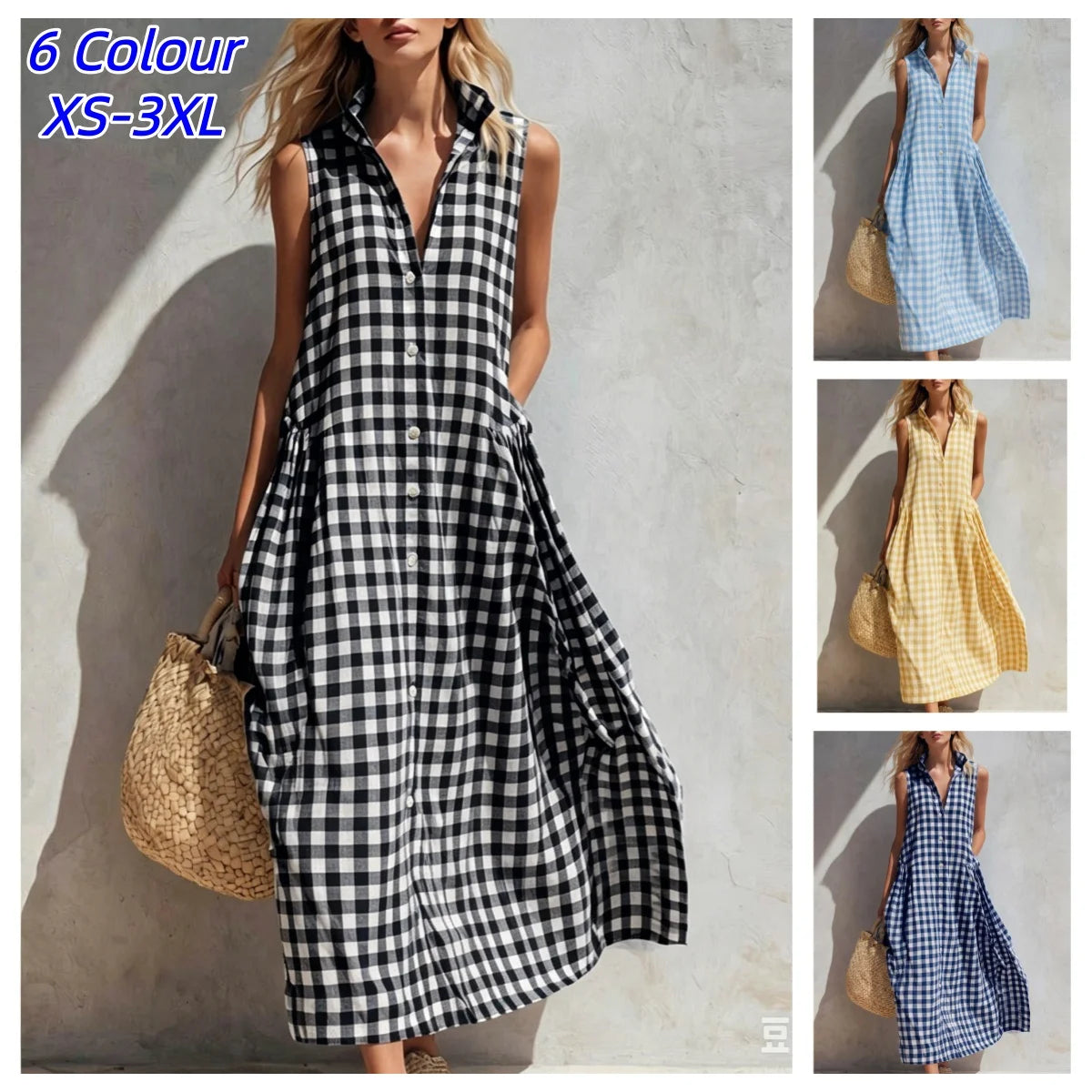 Plaid Sleeveless Vichy Single-breasted Fashion Resort Style Seaside Loose Long Skirt Dresses Ropa Mujer Roupas Feminina