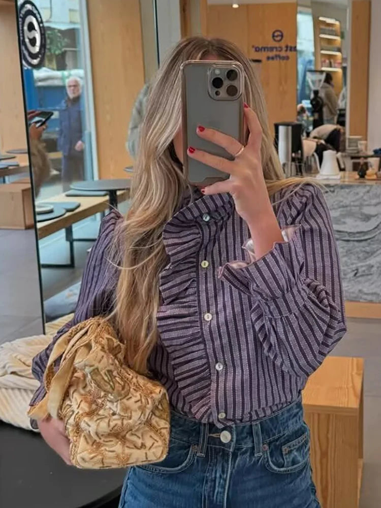 Women Sweet Shirts 2025 Fashion Ladies Casual Purple Striped Blouses for Party Female Chic Tops Girls Cute Clothes