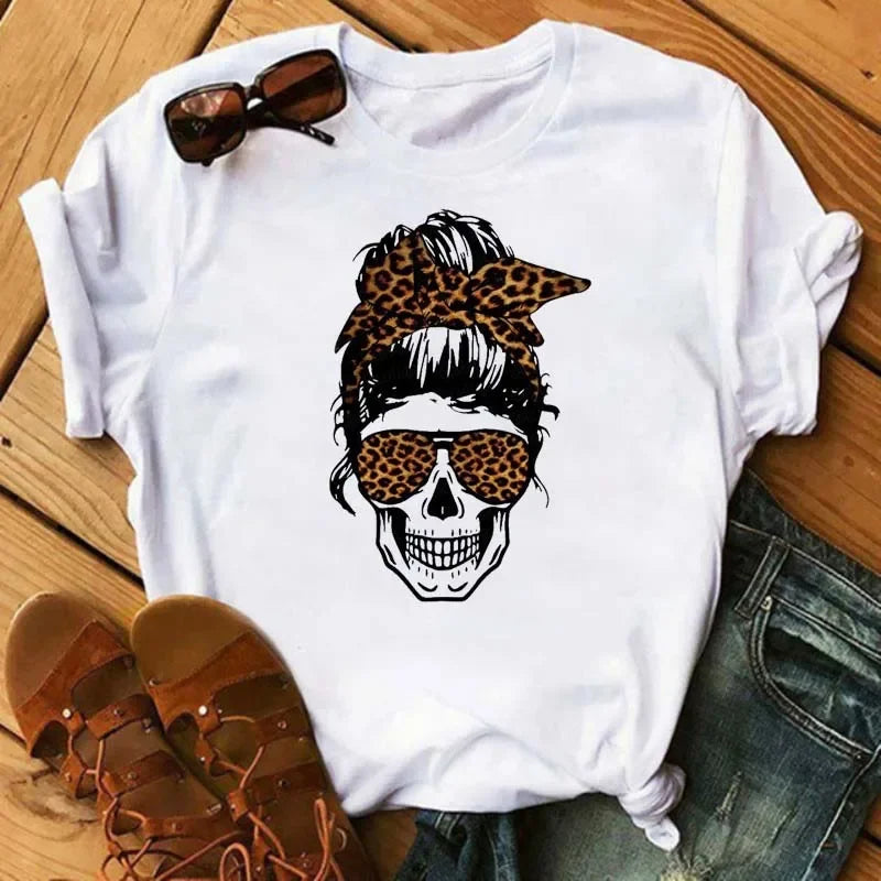 Fashion Leopard Skull Printed Women T-shirt Summer Loose Black Female T-shirt Casual Round Neck Harajuku Tops Woman Clothes