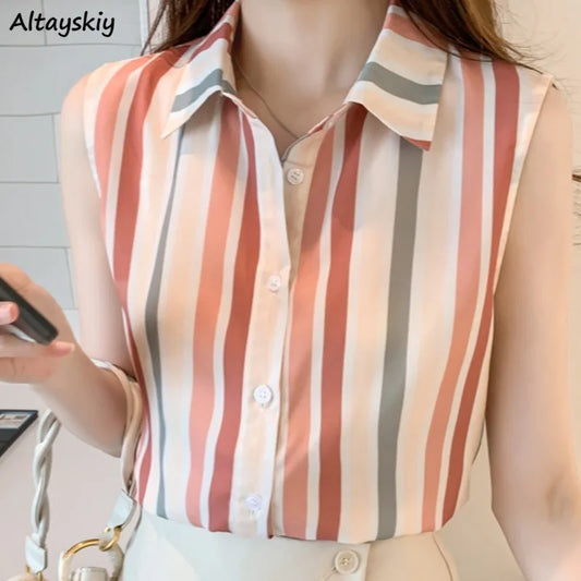 Ins Shirts for Women Striped Sleeveless Summer Tops All-match Sweet Cool Casual Turn-down Collar Single Breasted Chic Elegant