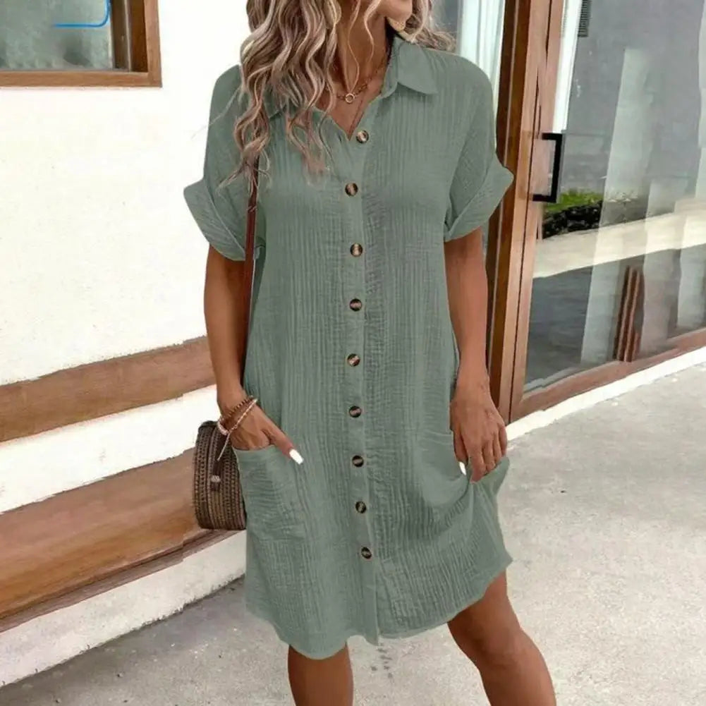 2026 Cotton Linen Dress Casual Button Down V-neck Dress Summer Short Sleeve Beach Sundress Elegant Maxi Dress