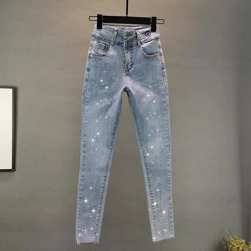 VWBQNZ Women's Jeans 2025 Summer New Elastic Slim Heavy Industry Hot Diamond Small Foot Pencil Pants Female Casual Denim Trousers